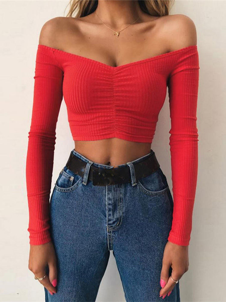 Miniature : women T-shirts sexy and club fashion female T-shirt long sleeve off shoulder sol