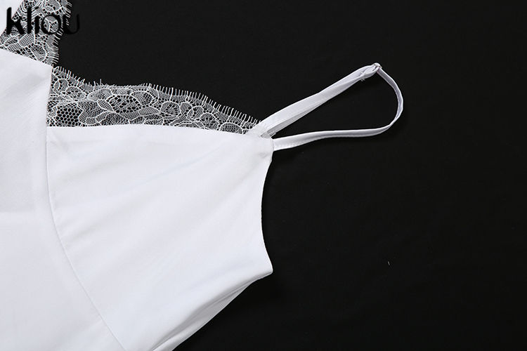 Miniature : kliou Lace Patchwork Women Sexy Mini Dress Summer Suspendency Drape V-neck Backl