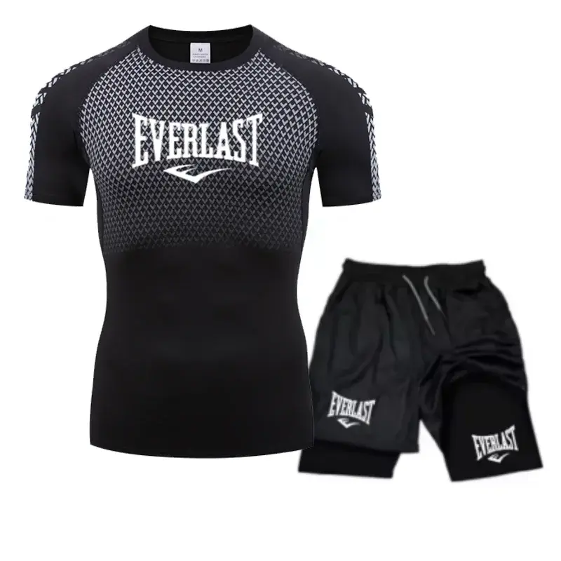 Miniature : EVERLAST Men's Compress Shirt + 2-in-1 sports shorts 2pcs Set Leisure Breath Sho