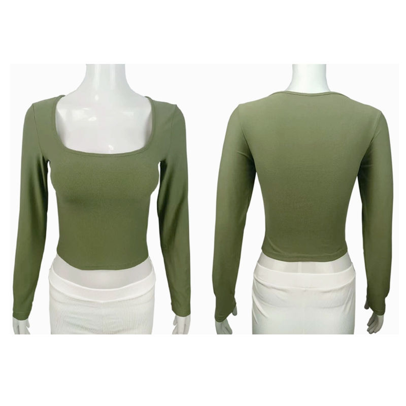 Miniature : Long Sleeve T-shirt Slim Tops Sexy Woman Clothing Square-Cut Collar Close-fittin