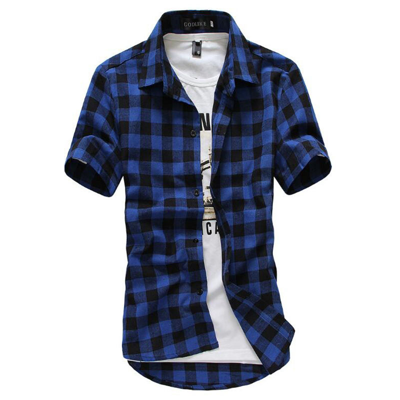 Thumbnail: Men Red Black Plaid Short Sleeve Checkered Shirt Casual Summer Fashion Top
