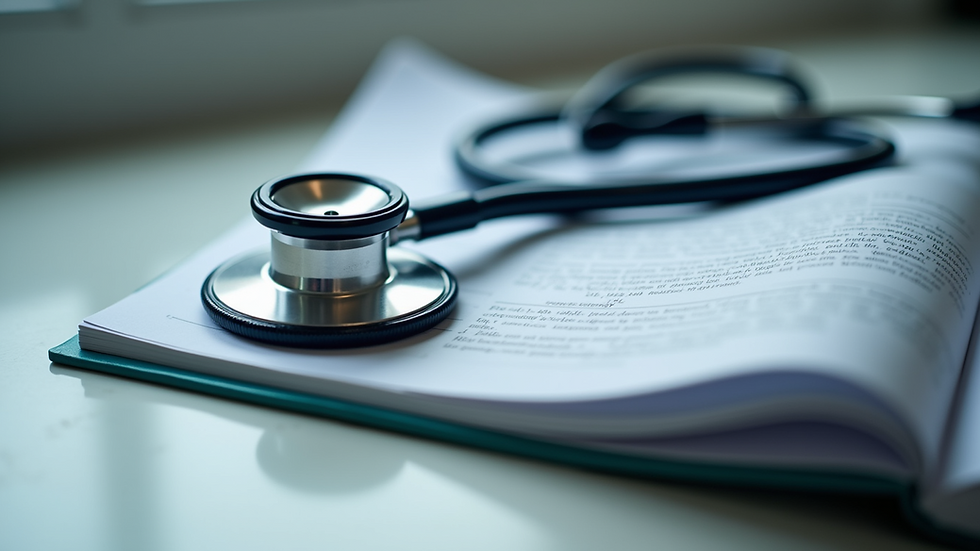 Eye-level view of a nursing textbook and a stethoscope