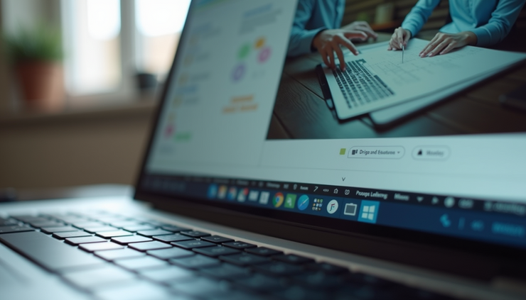 Eye-level view of a laptop screen showing a website builder interface with drag-and-drop elements