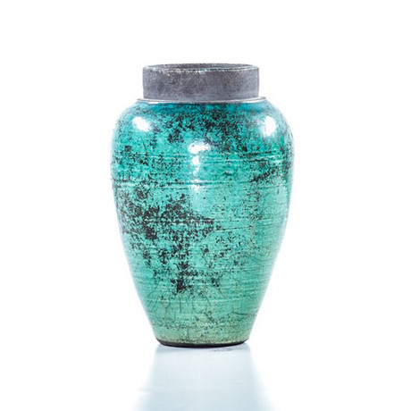 ceramic raku vase with turquoise crackle glaze