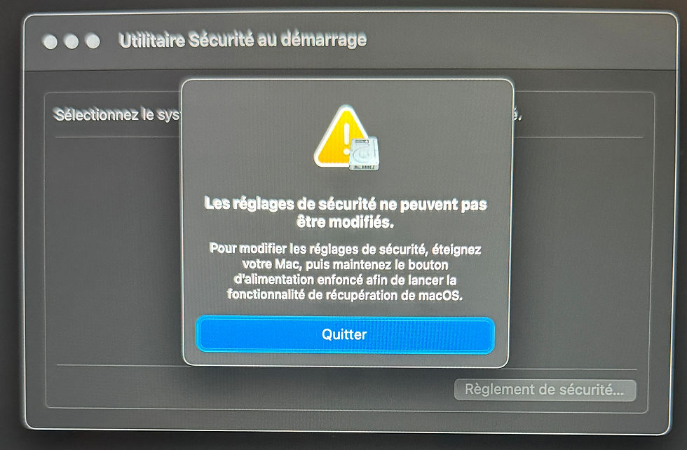 Les réglages de sécurité ne peuvent pas être modifiés. Pour modifier les réglages de sécurité, éteignez votre Mac, puis maintenez le bouton d'alimentation enfoncé afin de lancer la fonctionnalité de récupération de macos." C'est que vous êtes dans le mode "Fallback Recovery mode", ce mode est accessible lorsque vous appuyez brièvement sur la touche "Power", puis que vous maintenez la touche "Power" enfoncée,