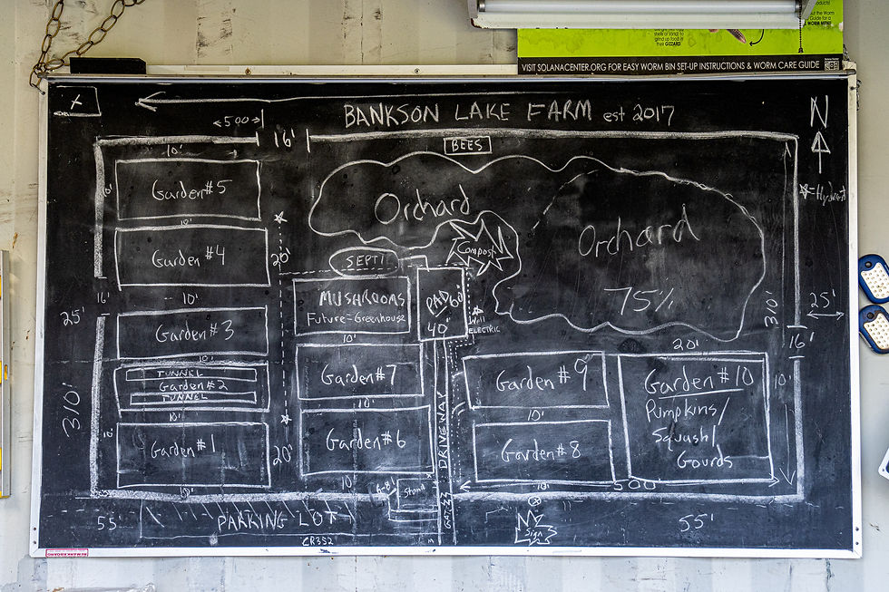 Chalkboard map of Bankson Lake Farm layout, showing orchards, gardens, and future greenhouse vision