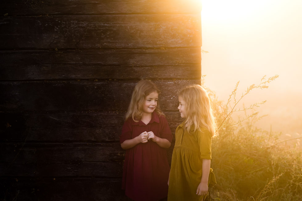 Two young sisters share a sweet moment during a golden-hour family photography session in Kalamazoo, Michigan, with warm sunlight streaming around them.