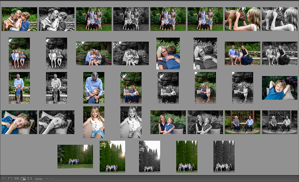 Lightroom view showing a mix of black-and-white and color family portraits, including candid hugs, playful moments with kids, and a dog.