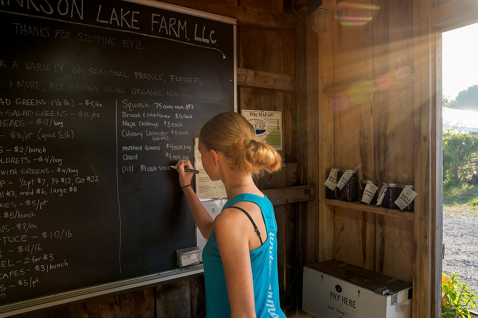 Farm stand worker updating produce prices on chalkboard menu at Bankson Lake Farm in Michigan