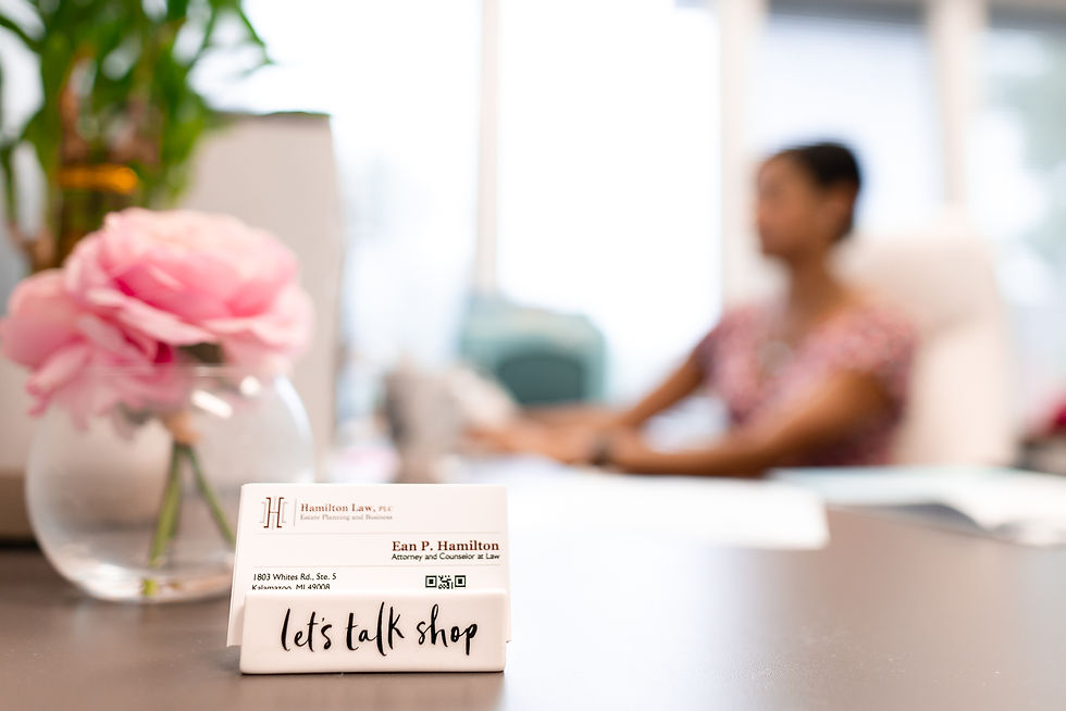 Closeup of a business card on a desk in a law office