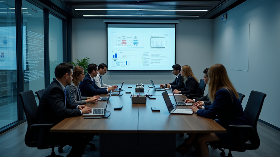 High angle view of a conference room with employees attending a cybersecurity training session