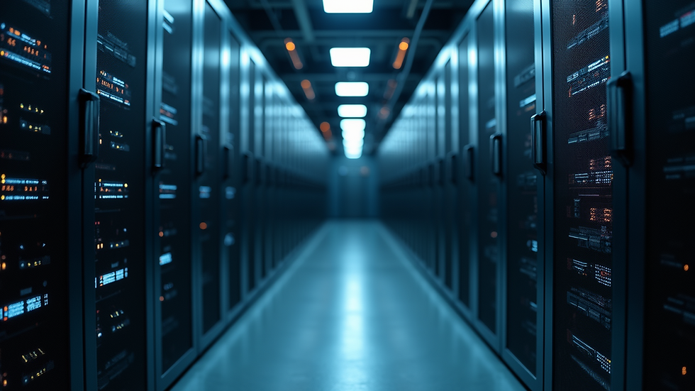 Eye-level view of a server room with blinking lights