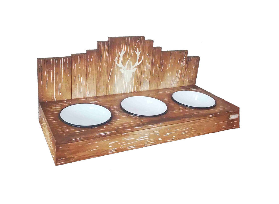 futternapf mit 3 näpfen, Holz mit emaille.jpg