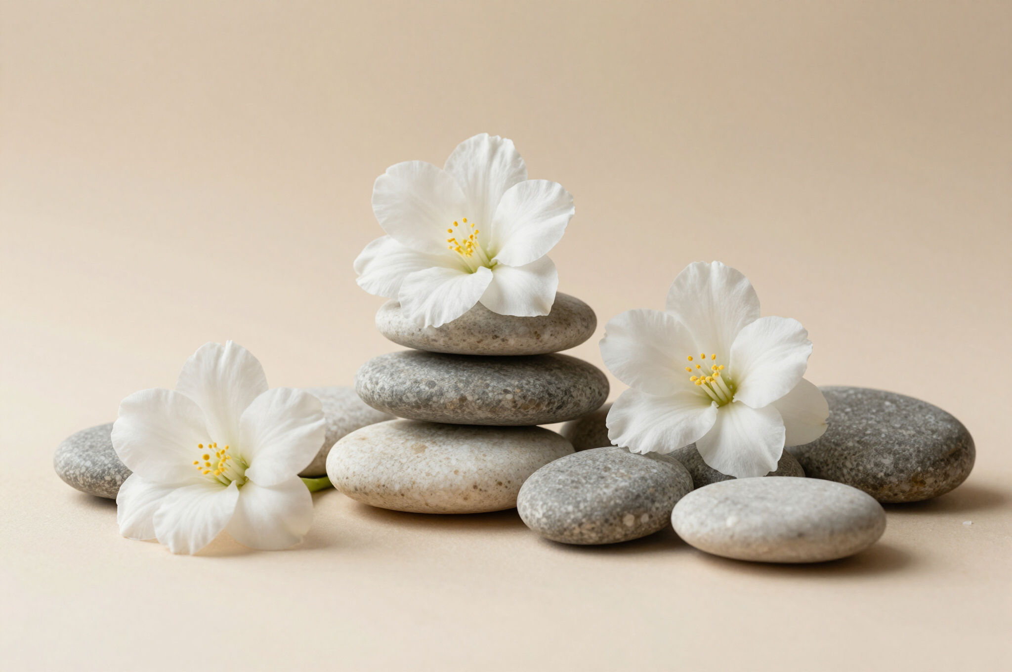 Fleurs blanches délicates et galets zen