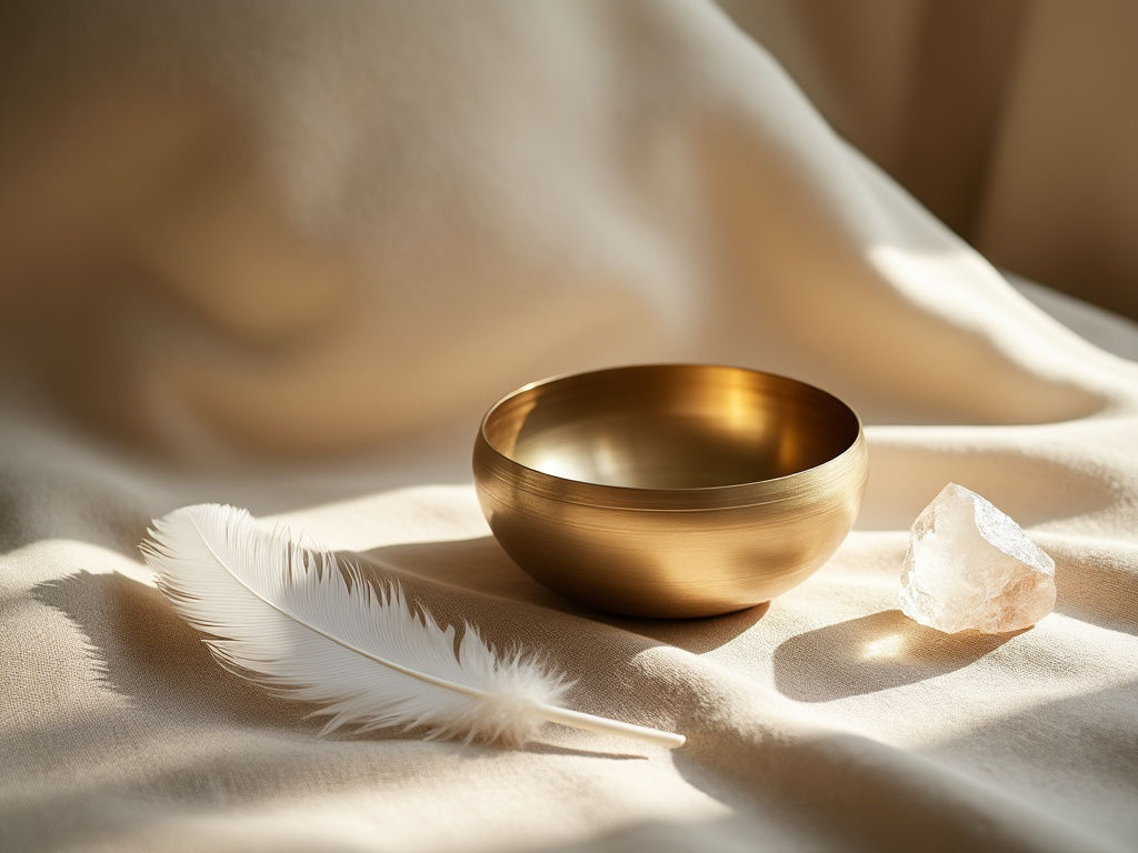 Plume blanche, bol doré et cristal dans une ambiance chaleureuse