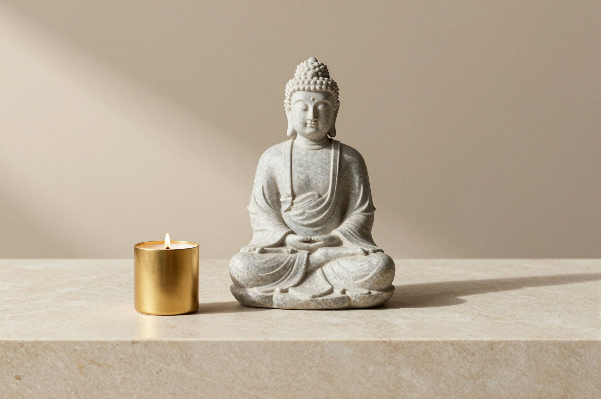 Bouddha discret et bougie dorée dans une ambiance zen beige et crème