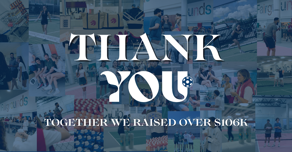 Collage of tennis event photos with large THANK YOU and TOGETHER WE RAISED OVER $106K on a blue overlay.