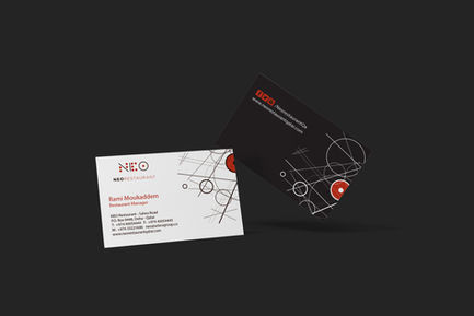a black and white business card for neo restaurant