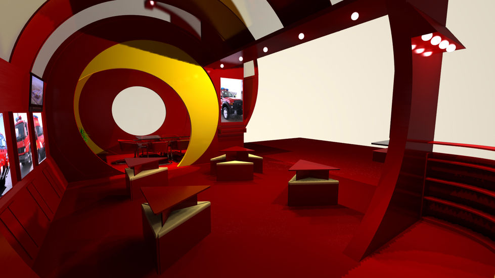 a red and yellow room with tables and chairs