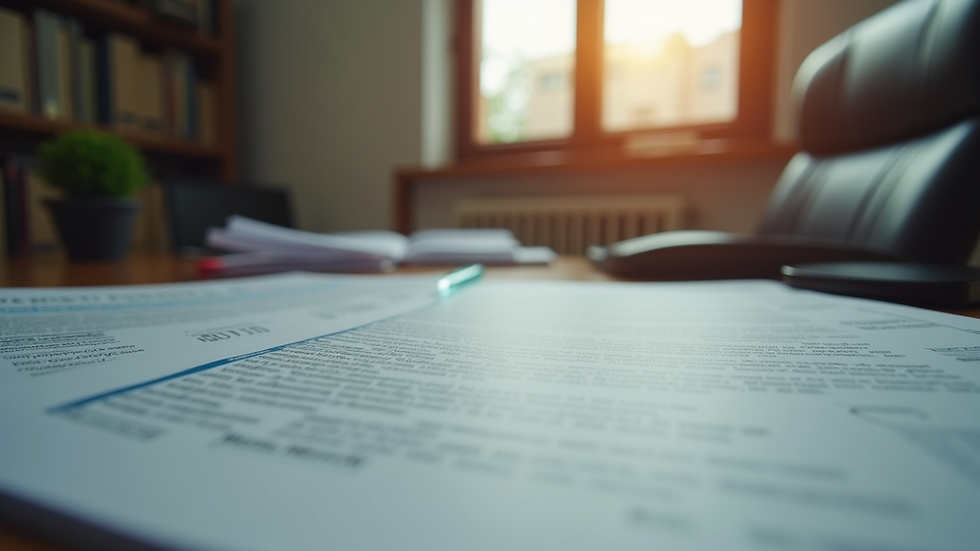 Eye-level view of a legal office with immigration documents on a desk