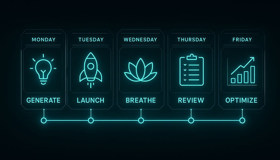 A visual workflow showing AI ad testing stages throughout a week