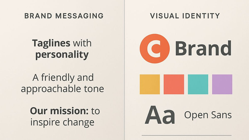 Split between messaging and visuals to represent a complete brand identity