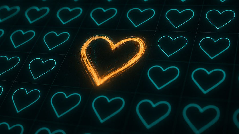A glowing, imperfect heart-shaped object or hand-drawn symbol in the middle of a sea of identical, flawless AI elements