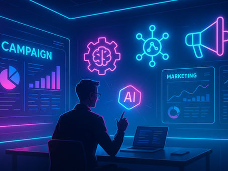 Marketer using three AI tools in a futuristic workspace with digital dashboards