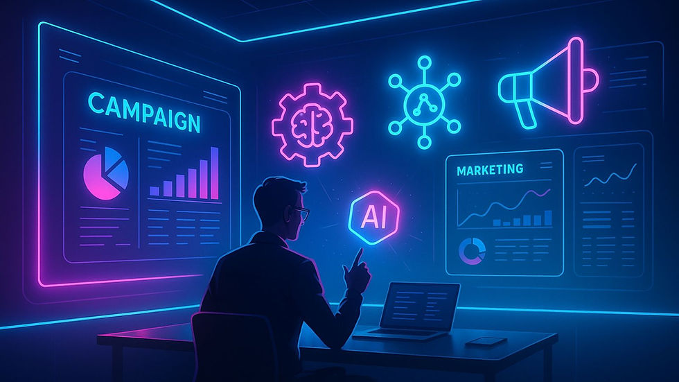 Marketer using three AI tools in a futuristic workspace with digital dashboards