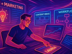 Futuristic AI workspace showing content workflow and campaign launch