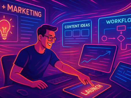 Futuristic AI workspace showing content workflow and campaign launch