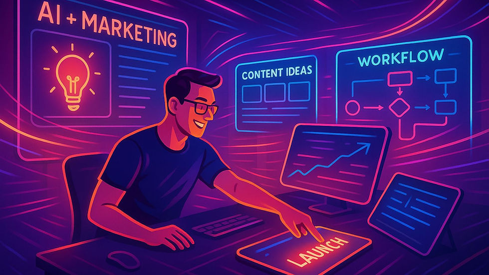 Futuristic AI workspace showing content workflow and campaign launch