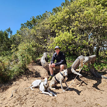 Mann sitzt mitten in der Natur auf einem Baumstamm. Vor ihm befinden sich zwei Hunde - einer sitzt, einer liegt.