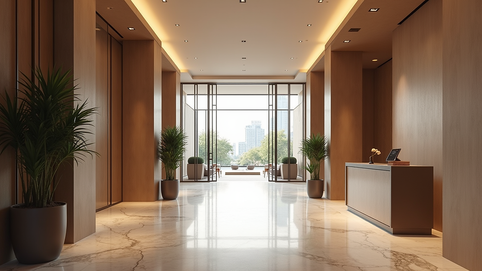 eye-level view of modern condominium lobby with clean design