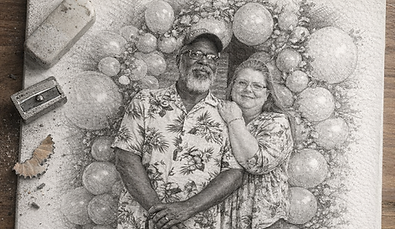 ultra-detailed 3D graphite pencil sketch on textured white notebook paper of shop owner and husband.