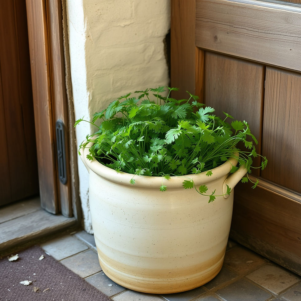 Farmhouse style crock of parsley growing outside a door.