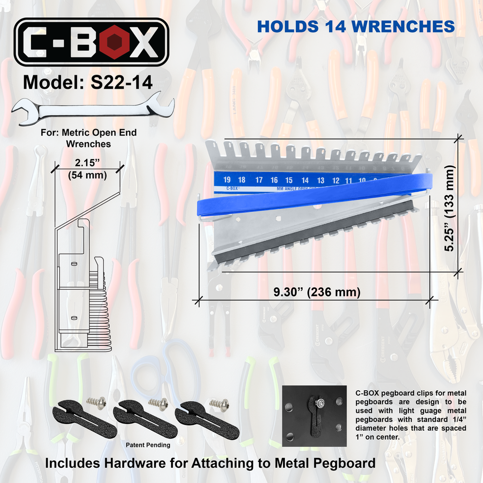 Specifications for Metric Angled Open End Wrench Holder with Rubber Band - (6mm to 19mm)