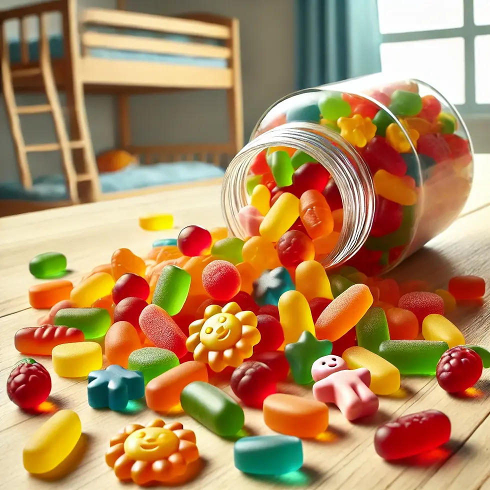 gummy vitamins falling out of a pill bottle
