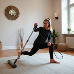lady doing a lunge and twist with a hoover