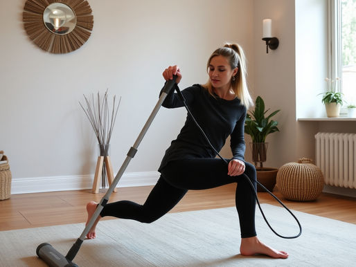 lady doing a lunge and twist with a hoover