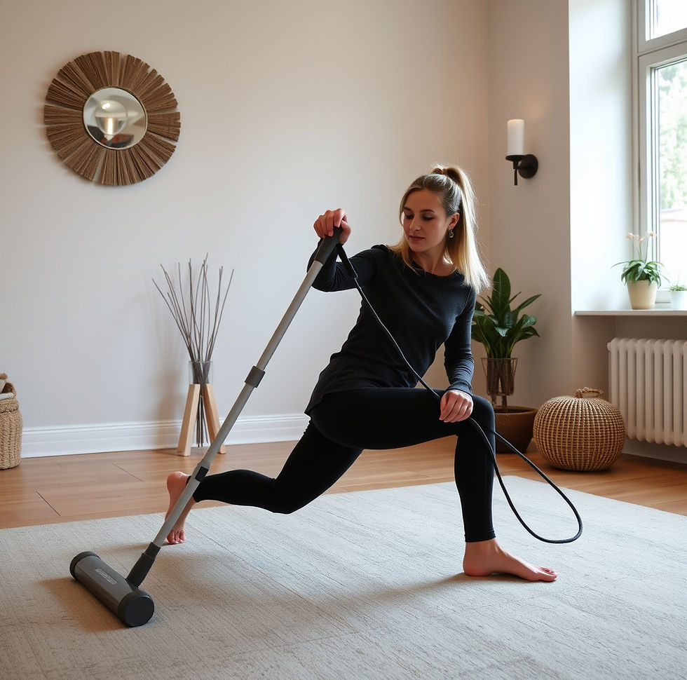 lady doing a lunge and twist with a hoover