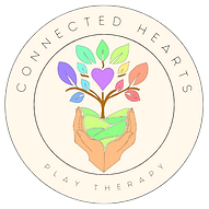 Buisness logo. Connected hearts play therapy text inside the outer circle. Two hands cupping green mountains. A tree from the centre with a purple heart at it centre surrounded by pastel rainbow leaves. 