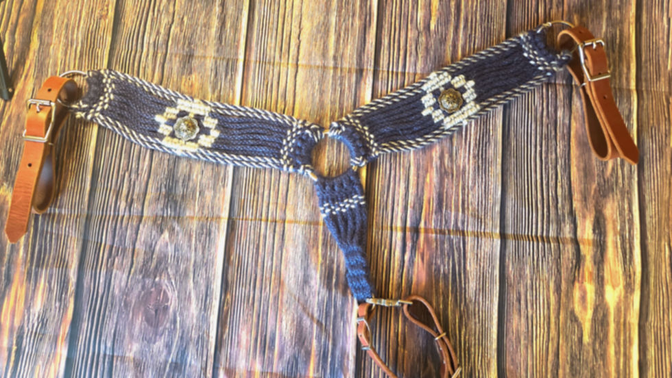Steel Blue and Grey 100% Mohair Breast Collar with conchos