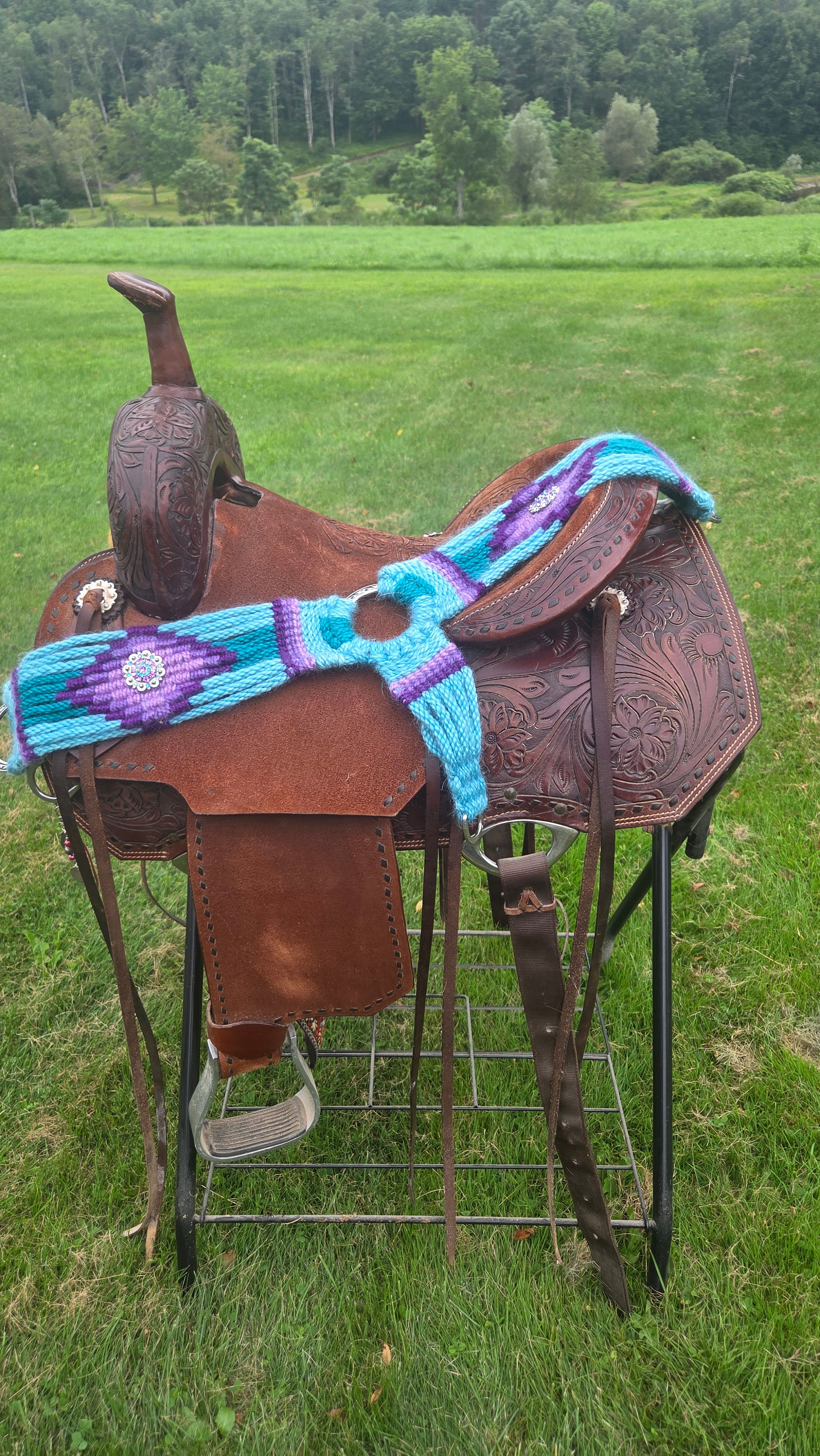 Handmade 100% Mohair Breast Collar in Turquoise, Teal and Purple