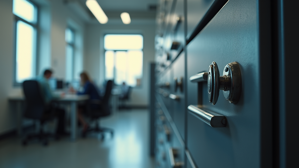 Close-up view of a locked filing cabinet in an office