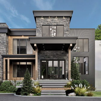 Grande maison en pierre grise avec accents de bois et grande fenestration moderne