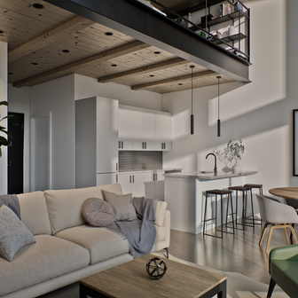 Intérieur moderne avec cuisine ouverte, salon avec un canapé et une table. groupe-profil.ca