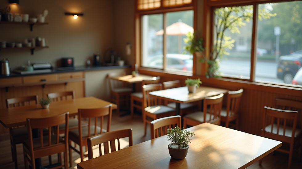 High angle view of a Japanese cafe interior with wooden tables and chairs
