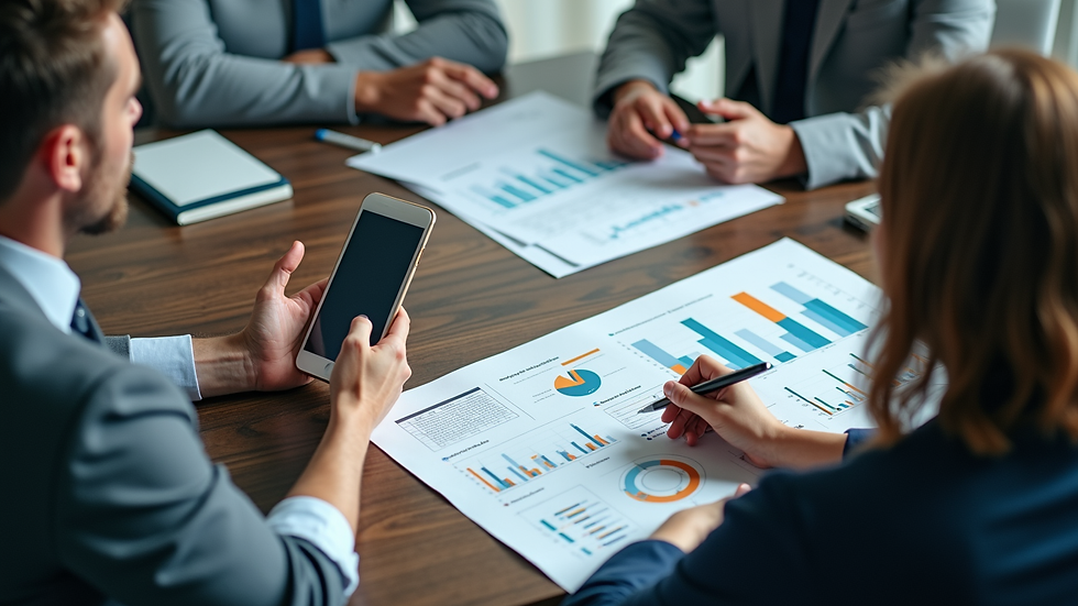 High angle view of a business meeting discussing market analysis