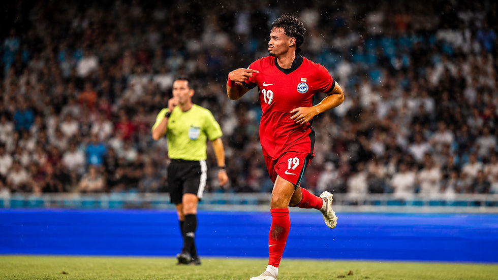 Ilhan Fandi celebrates his acrobatic winner in Phnom Penh. PHOTO: FOOTBALL ASSOCIATION OF SINGAPORE